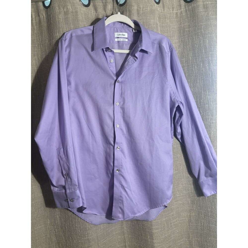 Calvin Klein Non-Iron Slim Fit Solid Purple Cotton Dress Shirt 17.5 32/33